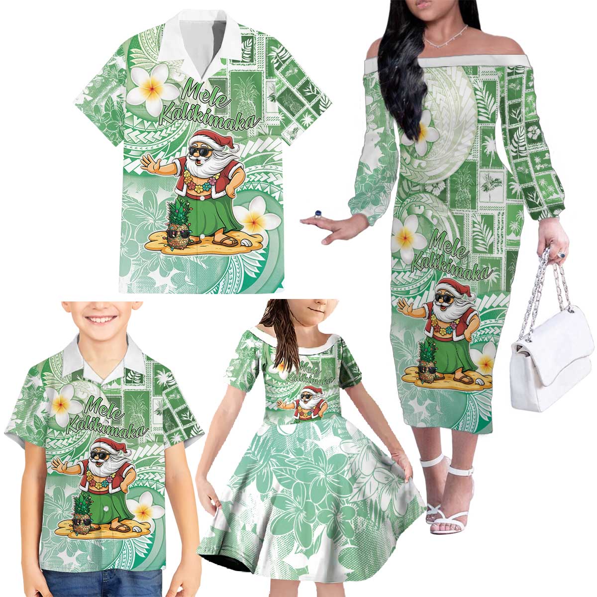 Hawaii Mele Kalikimaka Family Matching Off The Shoulder Long Sleeve Dress and Hawaiian Shirt Hula Santa Retro Style Green LT05 - Polynesian Pride