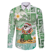 Hawaii Mele Kalikimaka Family Matching Off The Shoulder Long Sleeve Dress and Hawaiian Shirt Hula Santa Retro Style Green LT05 Dad's Shirt - Long Sleeve Green - Polynesian Pride