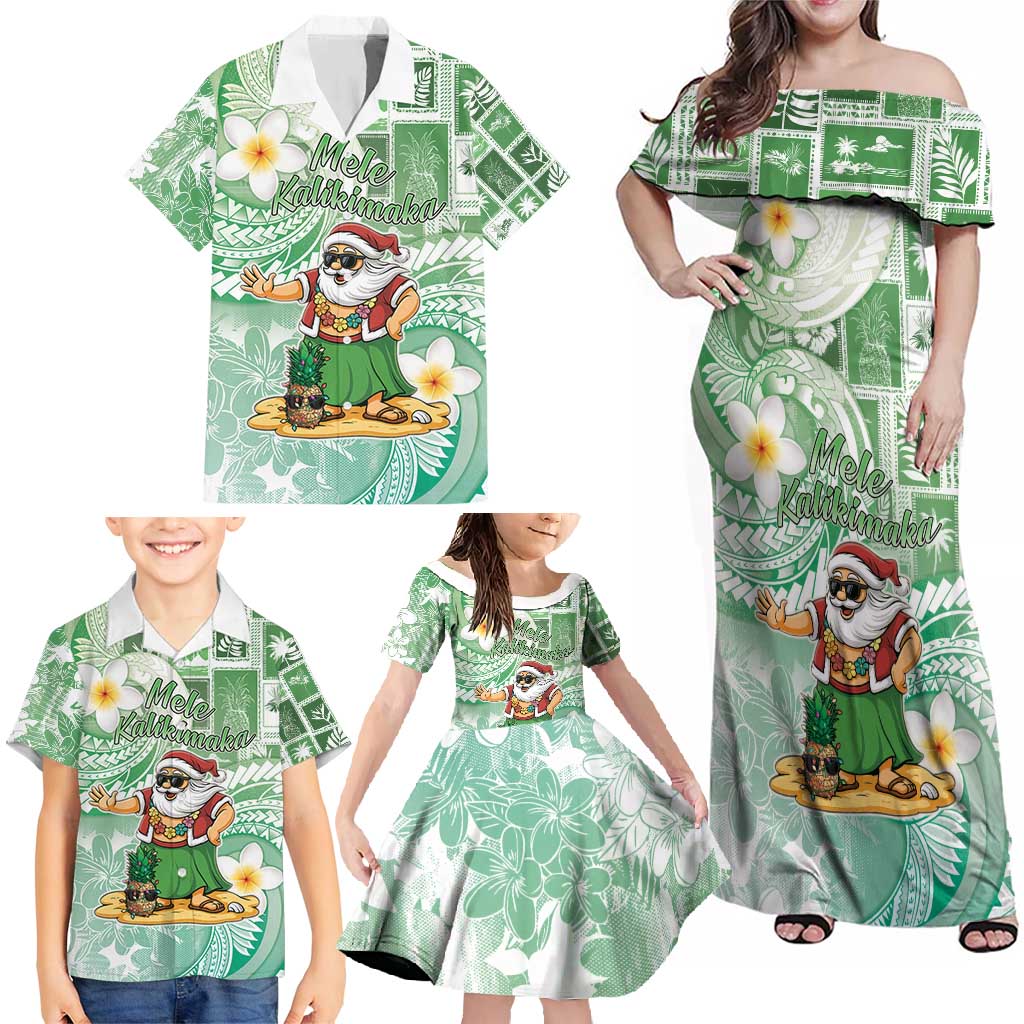 Hawaii Mele Kalikimaka Family Matching Off Shoulder Maxi Dress and Hawaiian Shirt Hula Santa Retro Style Green LT05 - Polynesian Pride