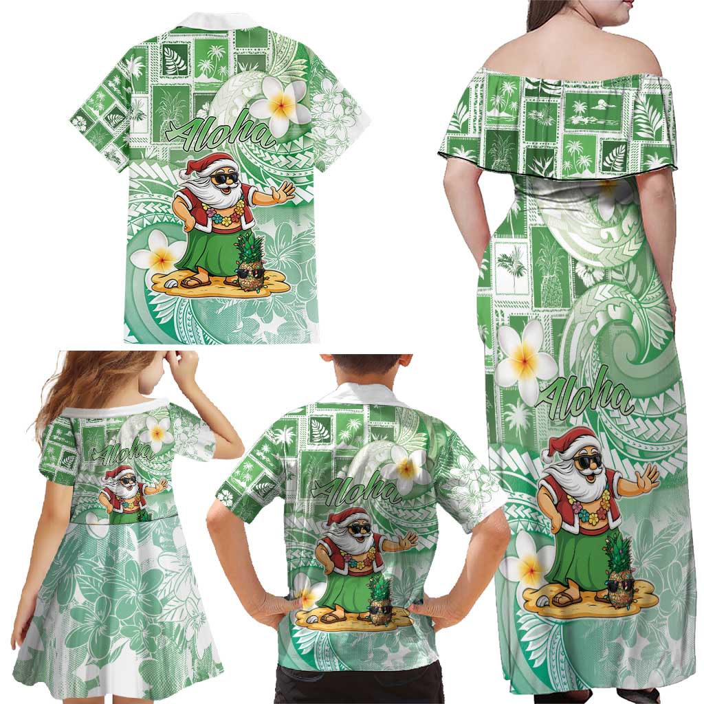 Hawaii Mele Kalikimaka Family Matching Off Shoulder Maxi Dress and Hawaiian Shirt Hula Santa Retro Style Green LT05 - Polynesian Pride