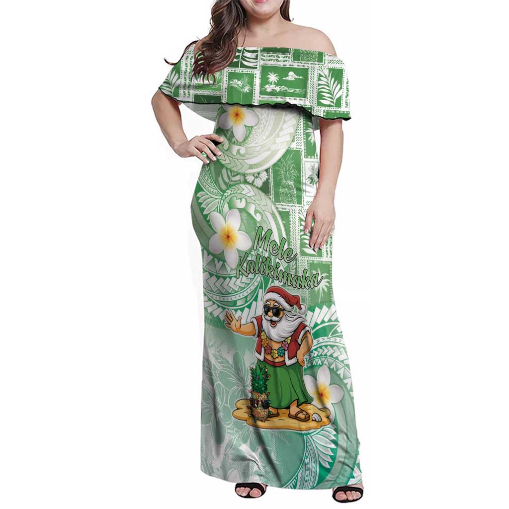 Hawaii Mele Kalikimaka Family Matching Off Shoulder Maxi Dress and Hawaiian Shirt Hula Santa Retro Style Green LT05 Mom's Dress Green - Polynesian Pride