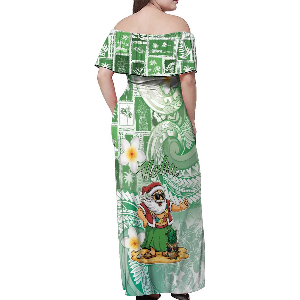 Hawaii Mele Kalikimaka Family Matching Off Shoulder Maxi Dress and Hawaiian Shirt Hula Santa Retro Style Green LT05 - Polynesian Pride