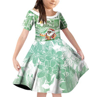 Hawaii Mele Kalikimaka Family Matching Off Shoulder Short Dress and Hawaiian Shirt Hula Santa Retro Style Green LT05 Daughter's Dress Green - Polynesian Pride