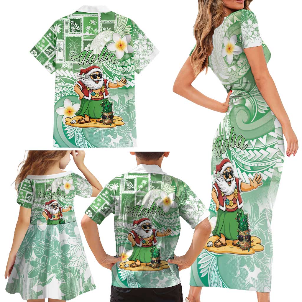 Hawaii Mele Kalikimaka Family Matching Short Sleeve Bodycon Dress and Hawaiian Shirt Hula Santa Retro Style Green LT05 - Polynesian Pride