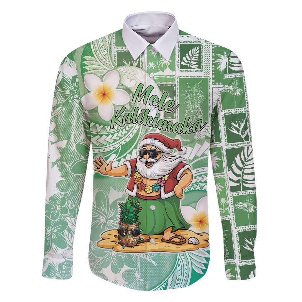 Hawaii Mele Kalikimaka Family Matching Short Sleeve Bodycon Dress and Hawaiian Shirt Hula Santa Retro Style Green LT05 Dad's Shirt - Long Sleeve Green - Polynesian Pride