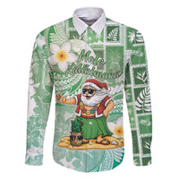 Hawaii Mele Kalikimaka Family Matching Short Sleeve Bodycon Dress and Hawaiian Shirt Hula Santa Retro Style Green LT05 Dad's Shirt - Long Sleeve Green - Polynesian Pride