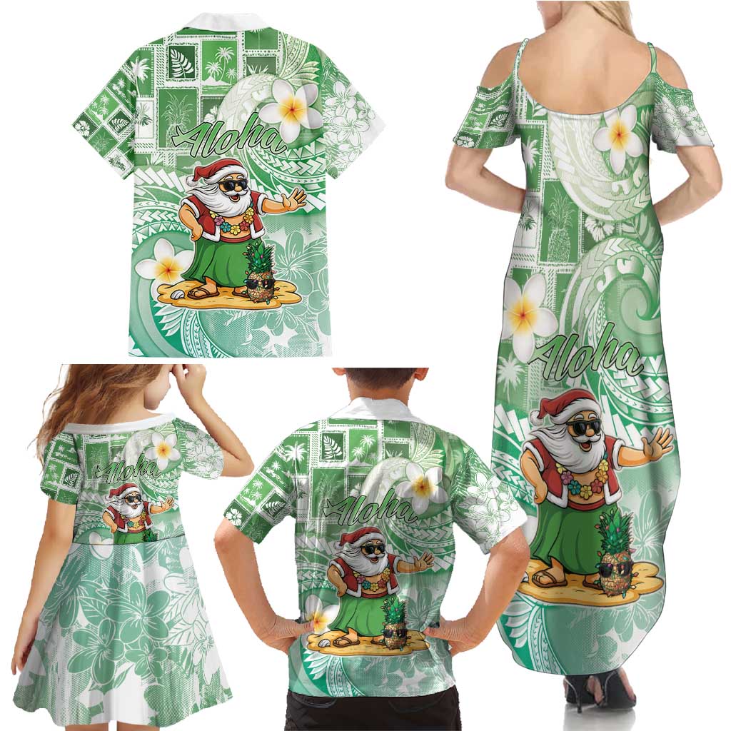 Hawaii Mele Kalikimaka Family Matching Summer Maxi Dress and Hawaiian Shirt Hula Santa Retro Style Green LT05 - Polynesian Pride