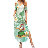 Hawaii Mele Kalikimaka Family Matching Summer Maxi Dress and Hawaiian Shirt Hula Santa Retro Style Green LT05 Mom's Dress Green - Polynesian Pride