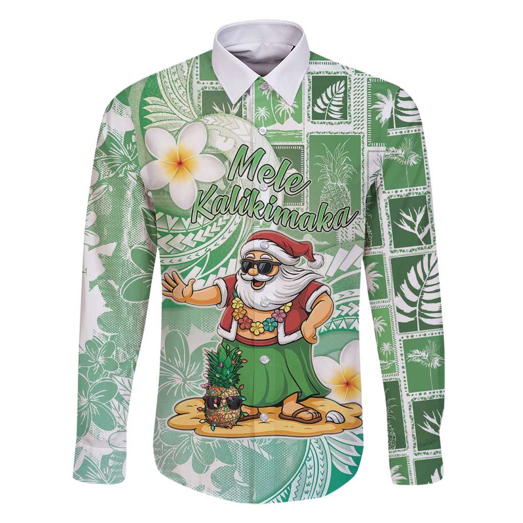 Hawaii Mele Kalikimaka Family Matching Tank Maxi Dress and Hawaiian Shirt Hula Santa Retro Style Green LT05 Dad's Shirt - Long Sleeve Green - Polynesian Pride