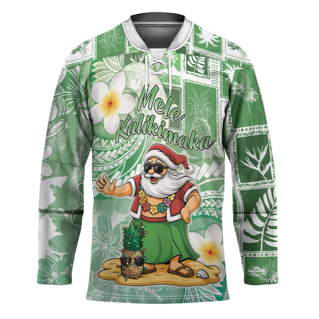 Hawaii Mele Kalikimaka Hockey Jersey Hula Santa Retro Style Green - Polynesian Pride