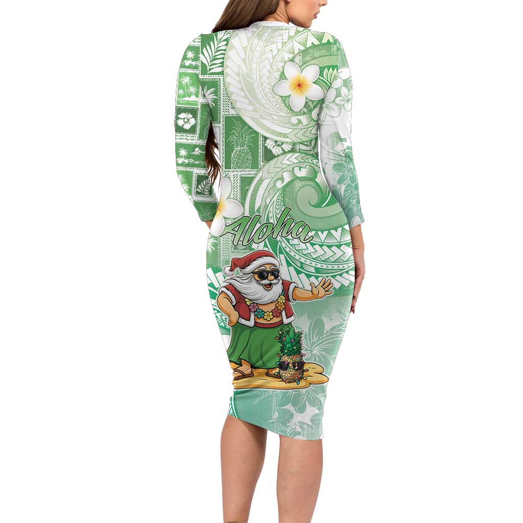 Hawaii Mele Kalikimaka Long Sleeve Bodycon Dress Hula Santa Retro Style Green - Polynesian Pride