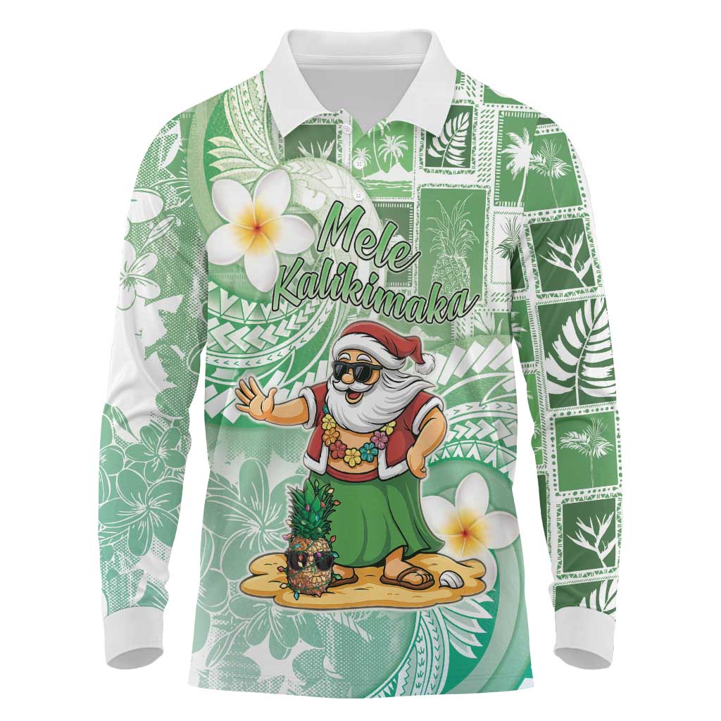 Hawaii Mele Kalikimaka Long Sleeve Polo Shirt Hula Santa Retro Style Green LT05 Green - Polynesian Pride