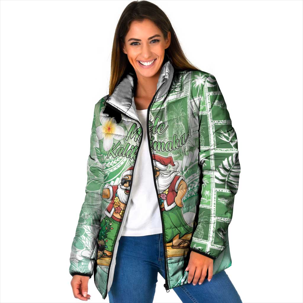 Hawaii Mele Kalikimaka Padded Jacket Hula Santa Retro Style Green LT05 Women Green - Polynesian Pride