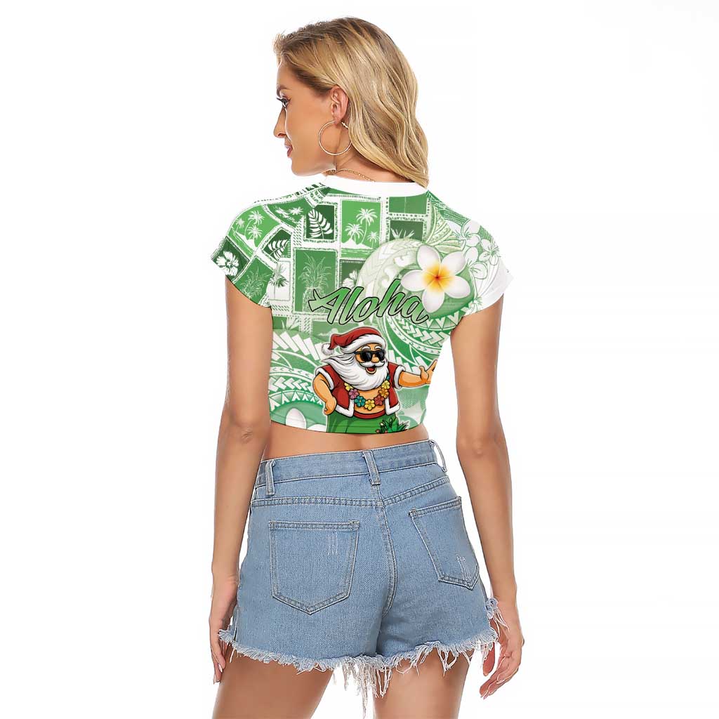 Hawaii Mele Kalikimaka Raglan Cropped T Shirt Hula Santa Retro Style Green LT05 - Polynesian Pride
