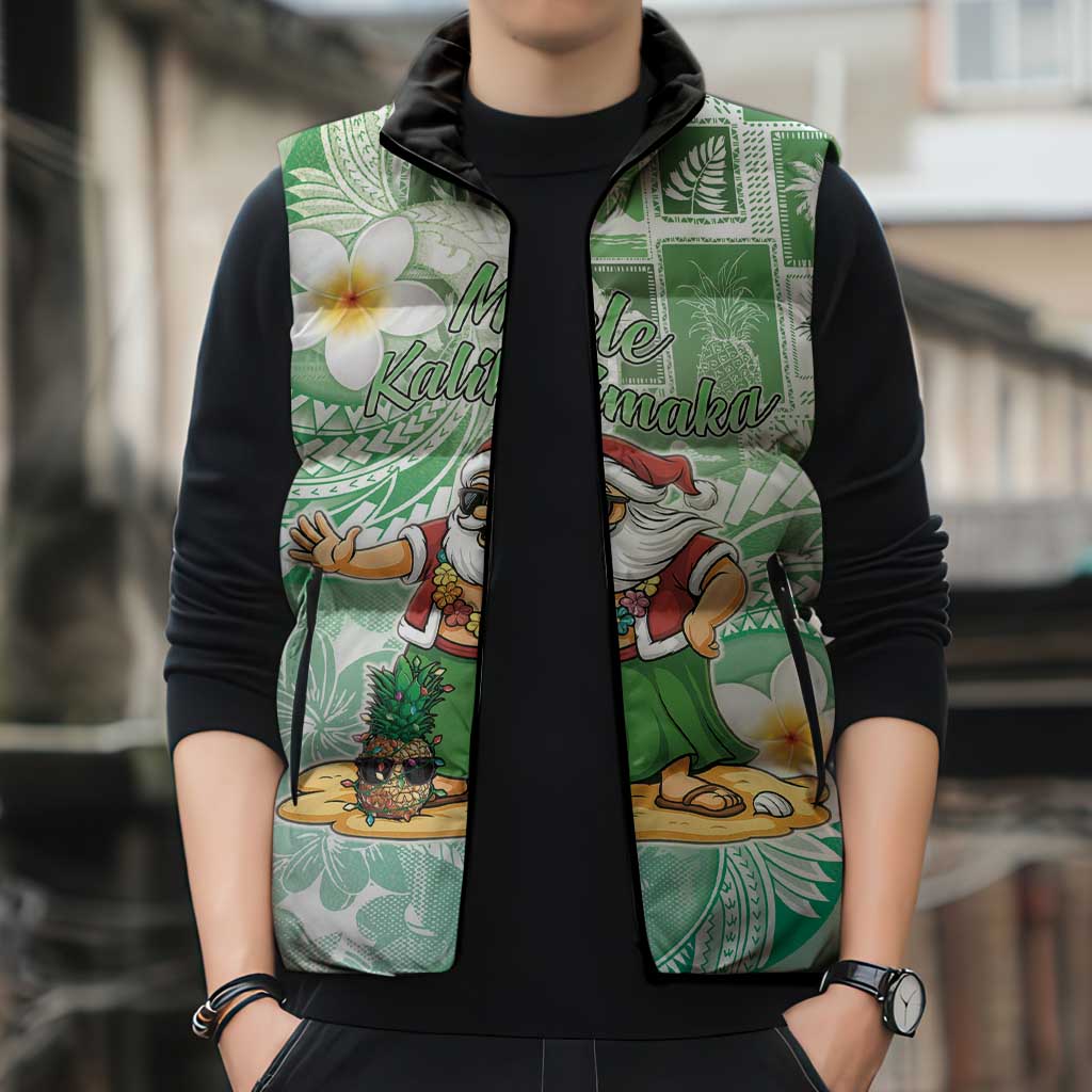 Hawaii Mele Kalikimaka Sleeveless Puffer Jacket Hula Santa Retro Style Green - Polynesian Pride