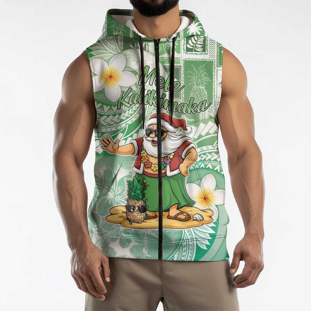 Hawaii Mele Kalikimaka Sleeveless Zip Hoodie Hula Santa Retro Style Green - Polynesian Pride