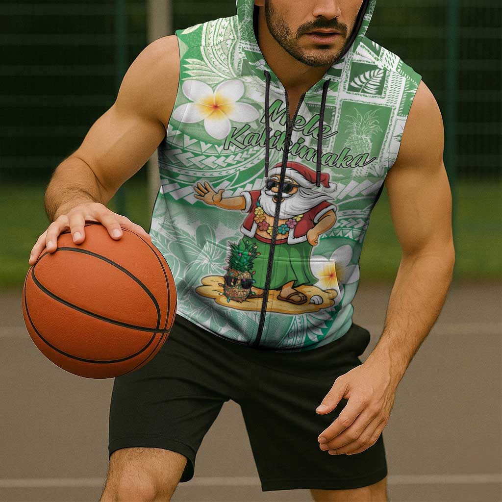 Hawaii Mele Kalikimaka Sleeveless Zip Hoodie Hula Santa Retro Style Green - Polynesian Pride