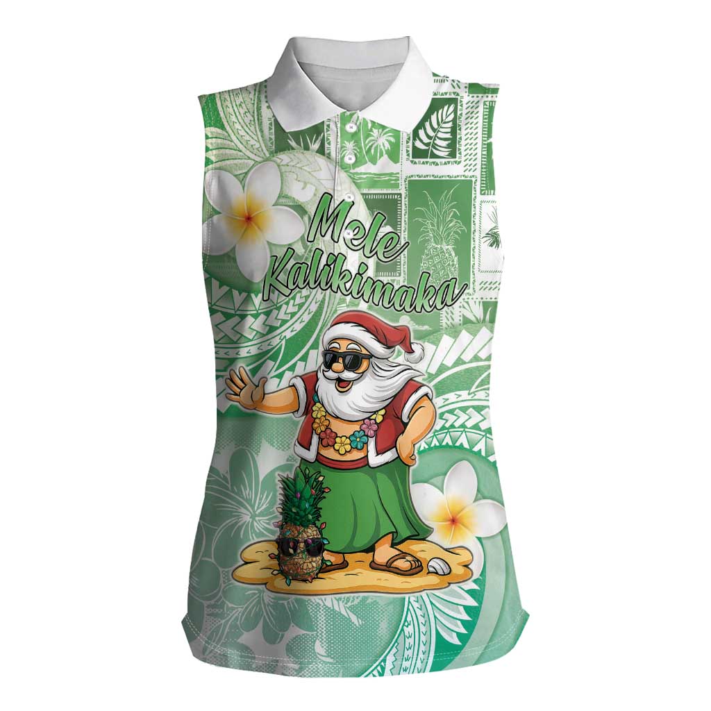 Hawaii Mele Kalikimaka Women Sleeveless Polo Shirt Hula Santa Retro Style Green LT05 Female Green - Polynesian Pride