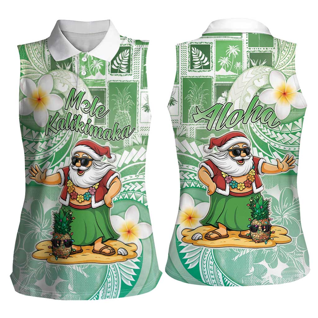 Hawaii Mele Kalikimaka Women Sleeveless Polo Shirt Hula Santa Retro Style Green LT05 - Polynesian Pride