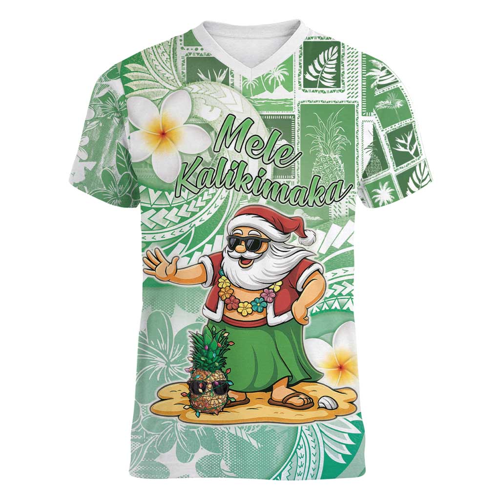 Hawaii Mele Kalikimaka Women V-Neck T-Shirt Hula Santa Retro Style Green LT05 Female Green - Polynesian Pride