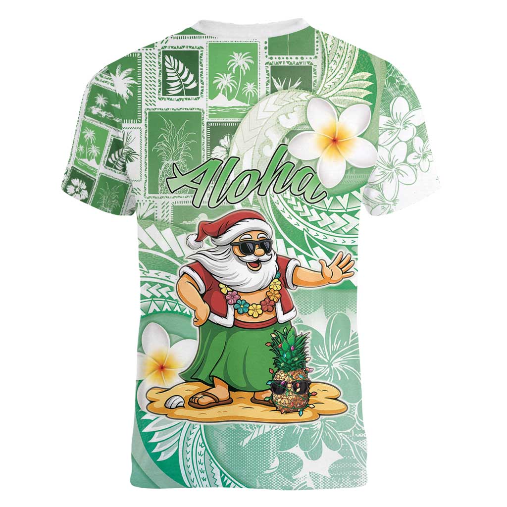 Hawaii Mele Kalikimaka Women V-Neck T-Shirt Hula Santa Retro Style Green LT05 - Polynesian Pride