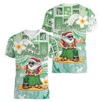 Hawaii Mele Kalikimaka Women V-Neck T-Shirt Hula Santa Retro Style Green LT05 - Polynesian Pride