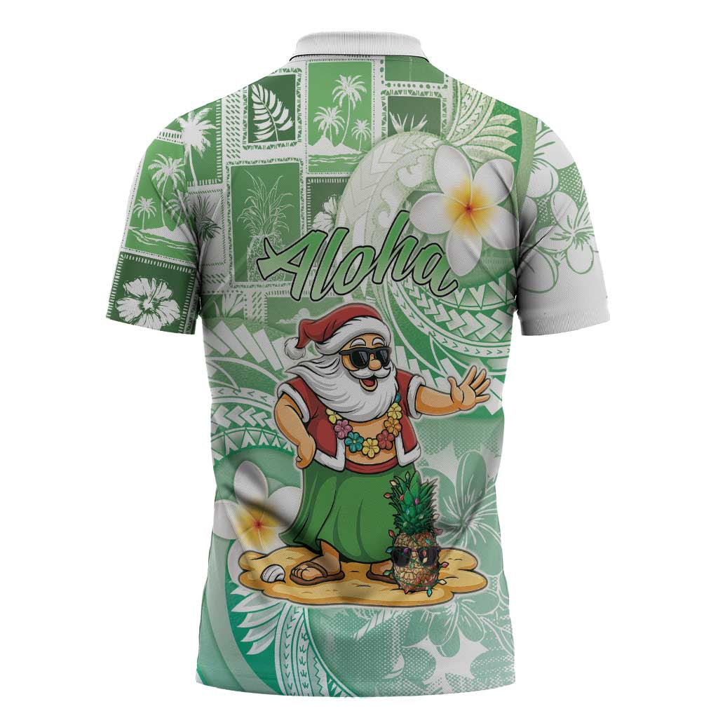 Hawaii Mele Kalikimaka Zipper Polo Shirt Hula Santa Retro Style Green - Polynesian Pride