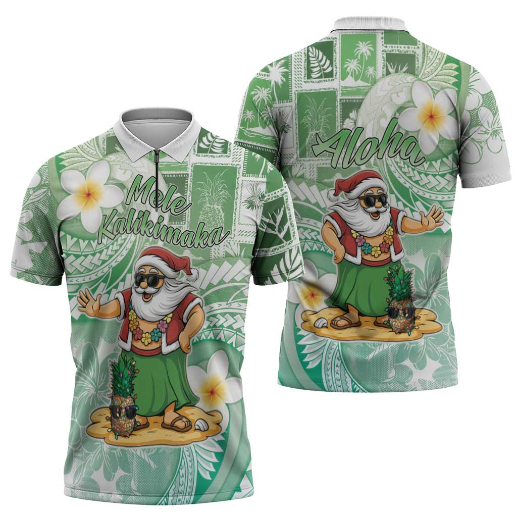 Hawaii Mele Kalikimaka Zipper Polo Shirt Hula Santa Retro Style Green - Polynesian Pride