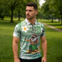 Hawaii Mele Kalikimaka Zipper Polo Shirt Hula Santa Retro Style Green - Polynesian Pride