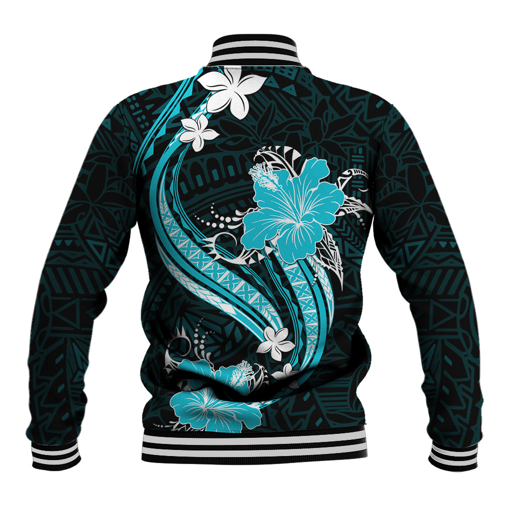 Aqua Polynesian Pattern With Tropical Flowers Baseball Jacket LT05 - Polynesian Pride