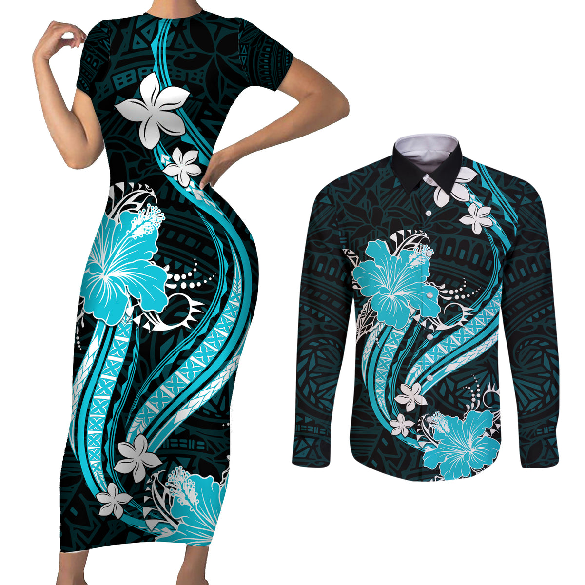 Aqua Polynesian Pattern With Tropical Flowers Couples Matching Short Sleeve Bodycon Dress and Long Sleeve Button Shirt LT05 Aqua - Polynesian Pride