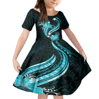 Aqua Polynesian Pattern With Tropical Flowers Family Matching Off Shoulder Long Sleeve Dress and Hawaiian Shirt LT05 Daughter's Dress Aqua - Polynesian Pride