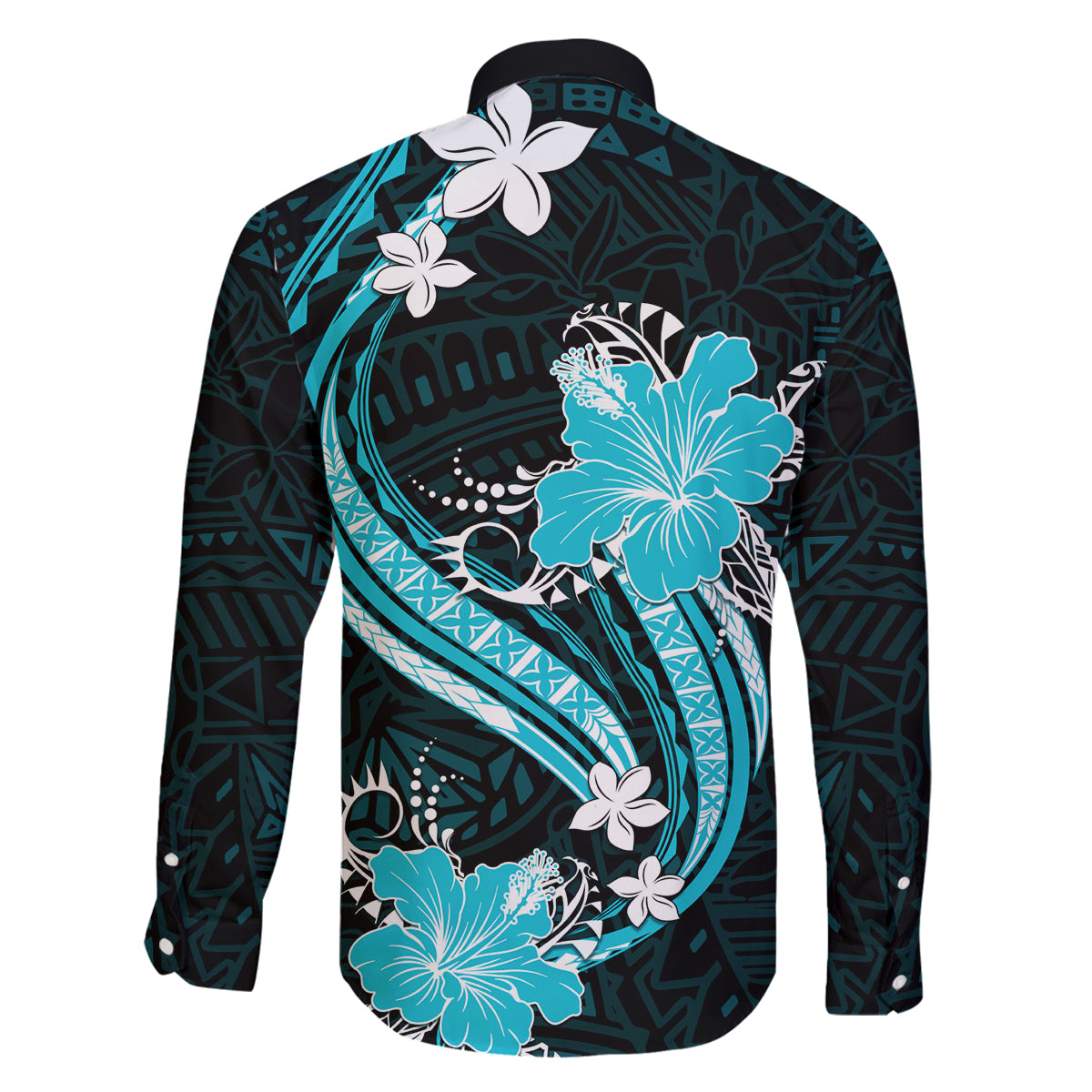 Aqua Polynesian Pattern With Tropical Flowers Family Matching Off Shoulder Long Sleeve Dress and Hawaiian Shirt LT05 - Polynesian Pride