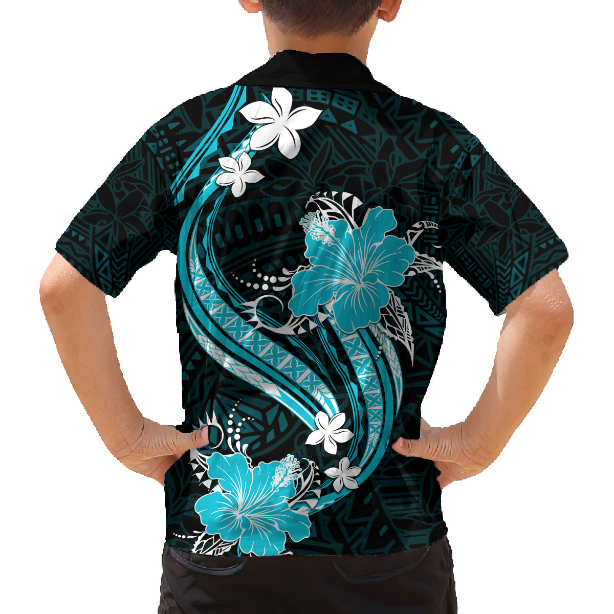 Aqua Polynesian Pattern With Tropical Flowers Family Matching Off Shoulder Maxi Dress and Hawaiian Shirt LT05 - Polynesian Pride