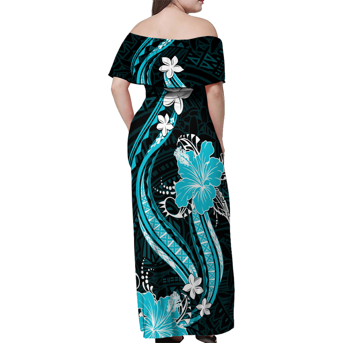 Aqua Polynesian Pattern With Tropical Flowers Family Matching Off Shoulder Maxi Dress and Hawaiian Shirt LT05 - Polynesian Pride