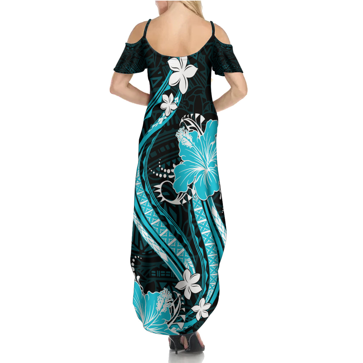 Aqua Polynesian Pattern With Tropical Flowers Family Matching Summer Maxi Dress and Hawaiian Shirt LT05 - Polynesian Pride