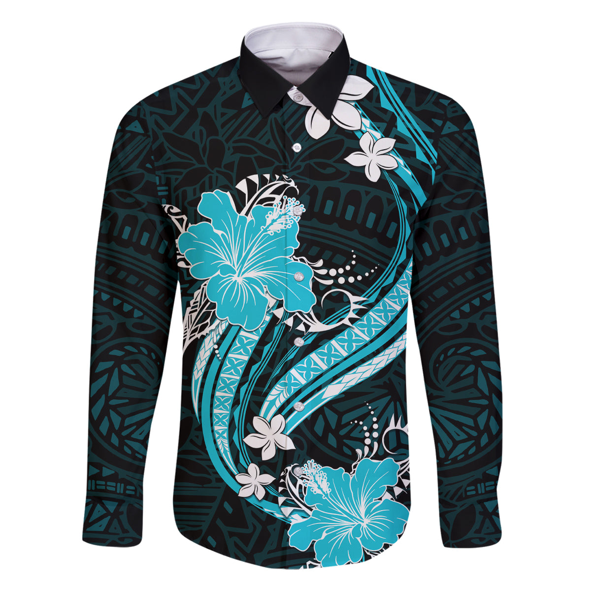 Aqua Polynesian Pattern With Tropical Flowers Family Matching Tank Maxi Dress and Hawaiian Shirt LT05 Dad's Shirt - Long Sleeve Aqua - Polynesian Pride
