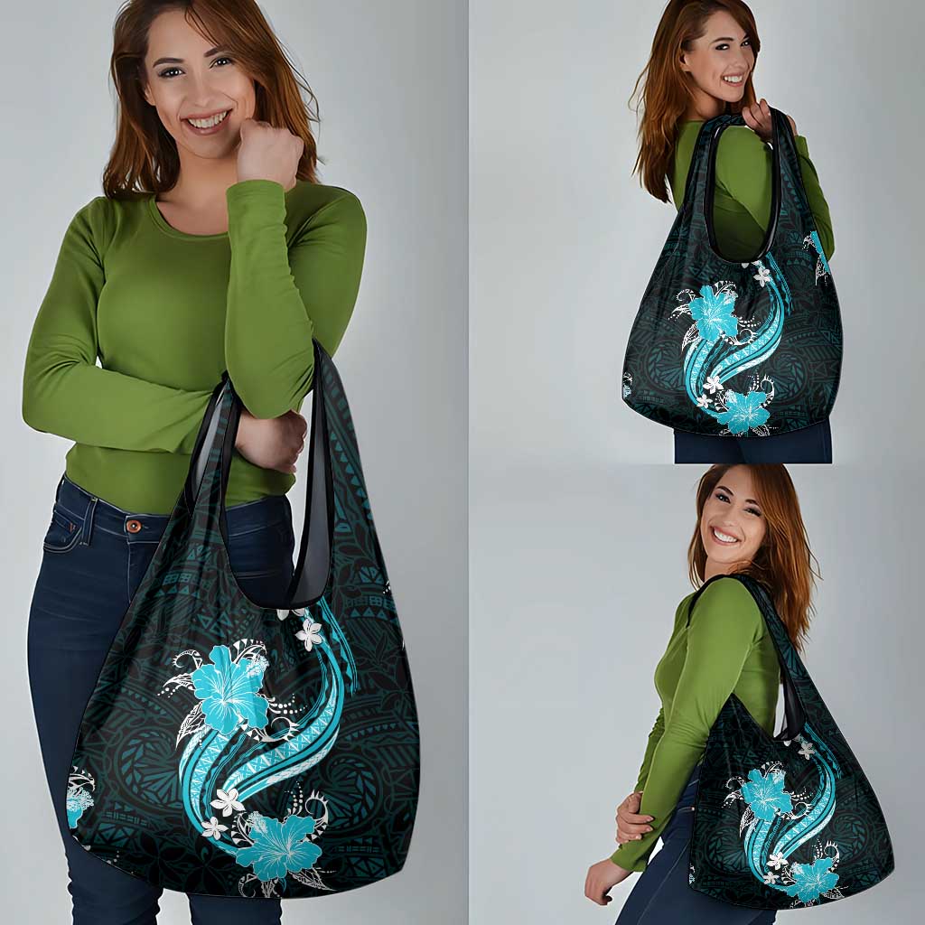 Aqua Polynesian Pattern With Tropical Flowers Grocery Bag
