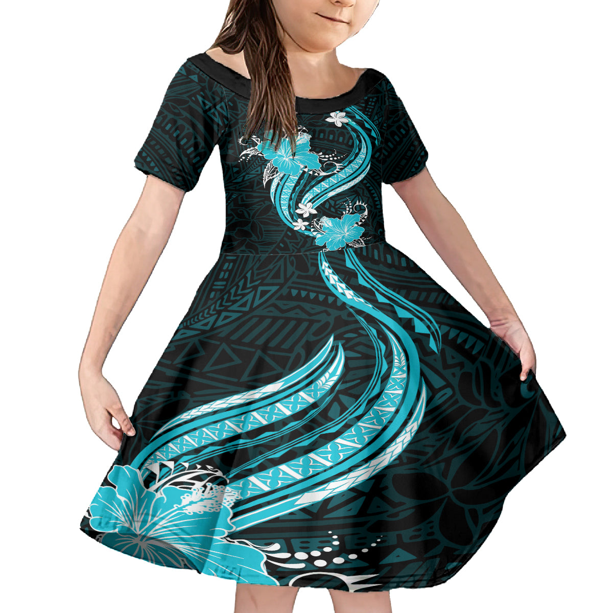 Aqua Polynesian Pattern With Tropical Flowers Kid Short Sleeve Dress LT05 KID Aqua - Polynesian Pride