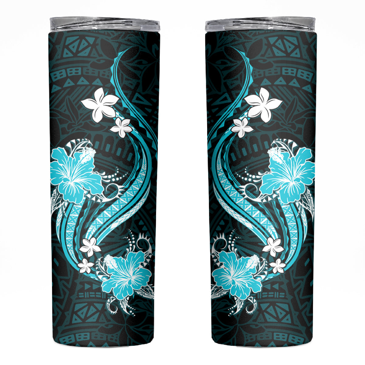 Aqua Polynesian Pattern With Tropical Flowers Skinny Tumbler LT05 Aqua - Polynesian Pride