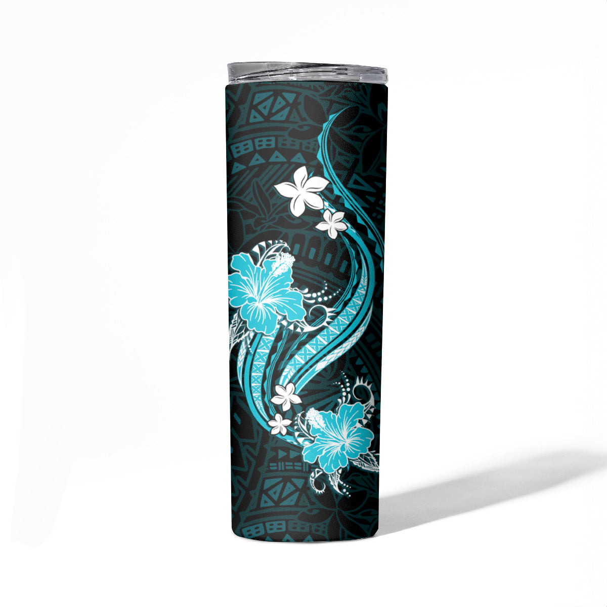 Aqua Polynesian Pattern With Tropical Flowers Skinny Tumbler LT05 - Polynesian Pride