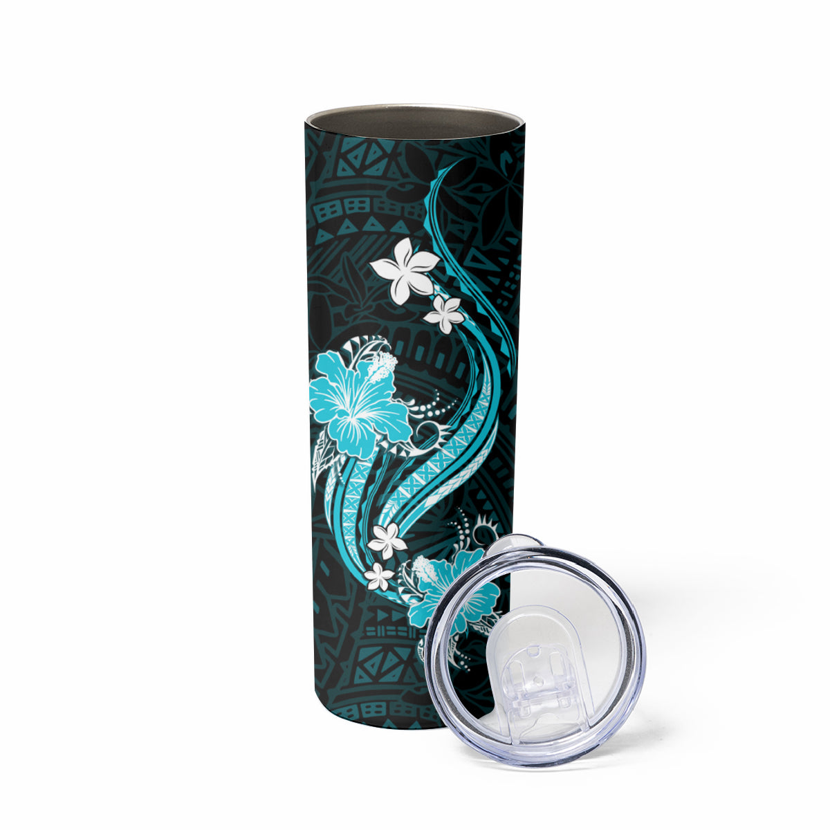 Aqua Polynesian Pattern With Tropical Flowers Skinny Tumbler LT05 - Polynesian Pride