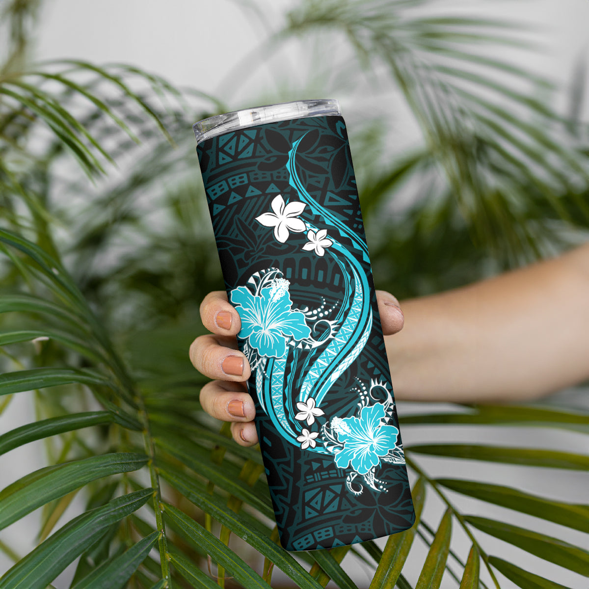 Aqua Polynesian Pattern With Tropical Flowers Skinny Tumbler LT05 - Polynesian Pride