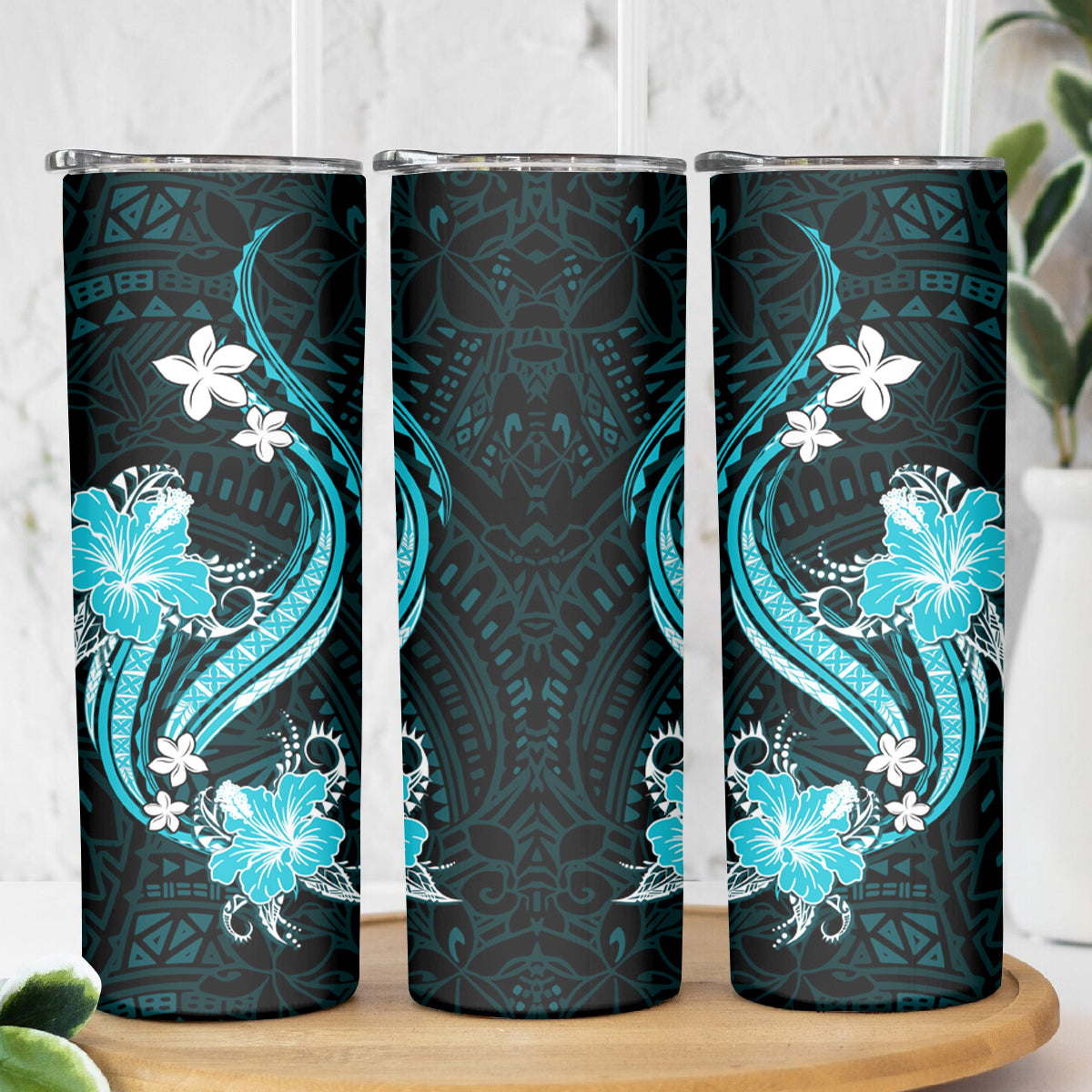 Aqua Polynesian Pattern With Tropical Flowers Skinny Tumbler LT05 - Polynesian Pride
