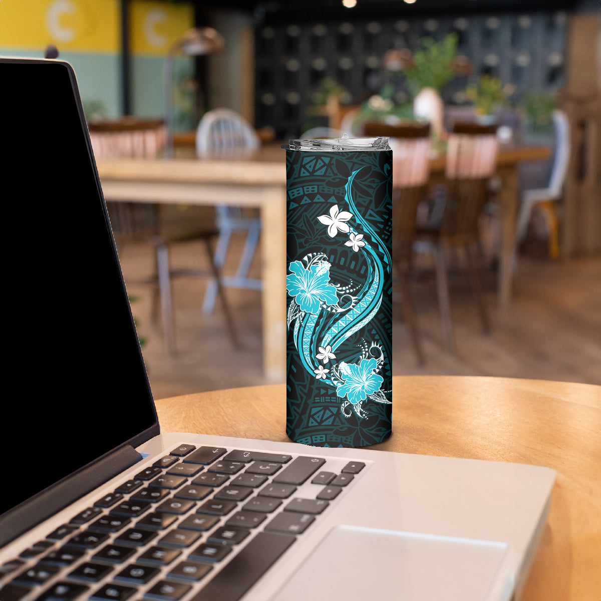 Aqua Polynesian Pattern With Tropical Flowers Skinny Tumbler LT05 - Polynesian Pride