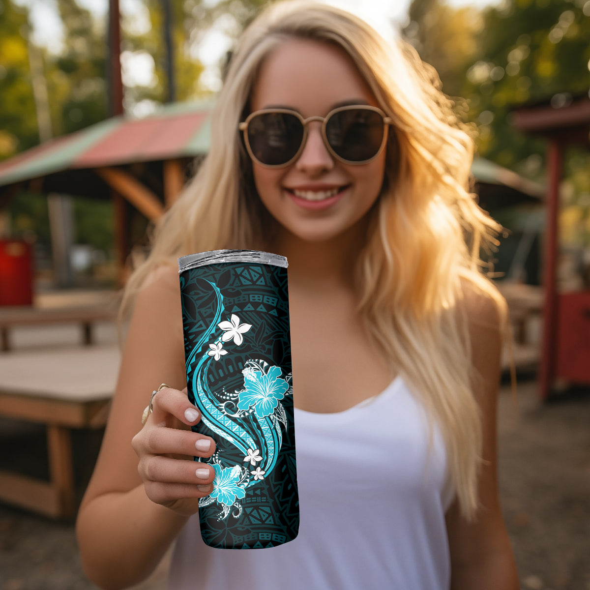 Aqua Polynesian Pattern With Tropical Flowers Skinny Tumbler LT05 - Polynesian Pride