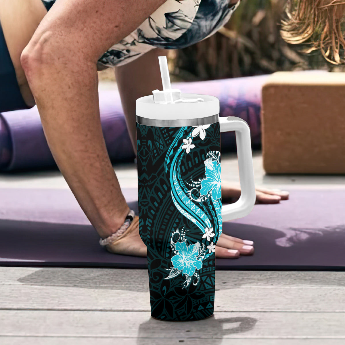 Aqua Polynesian Pattern With Tropical Flowers Tumbler With Handle