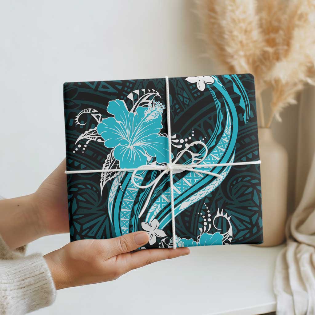 Aqua Polynesian Pattern With Tropical Flowers Wrapping Paper - Polynesian Pride