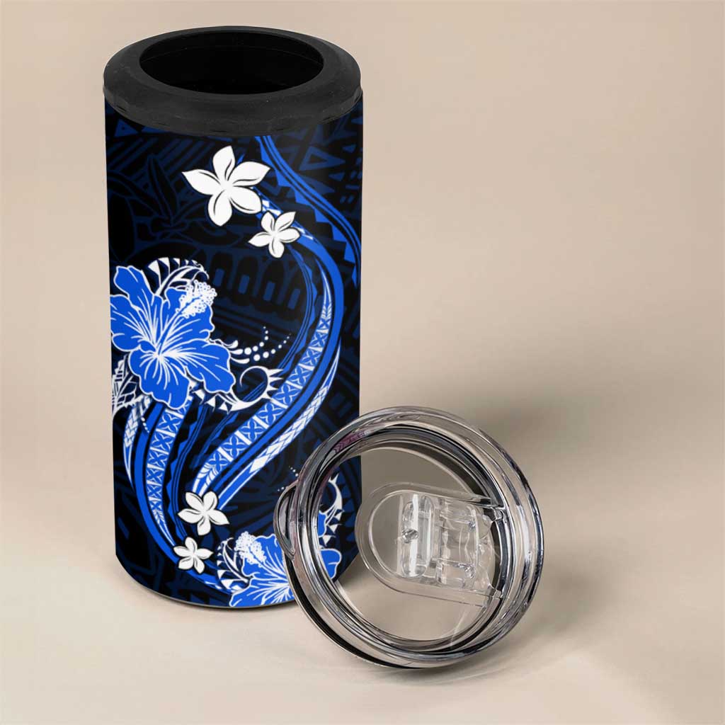 Blue Polynesian Pattern With Tropical Flowers 4 in 1 Can Cooler Tumbler LT05 - Polynesian Pride