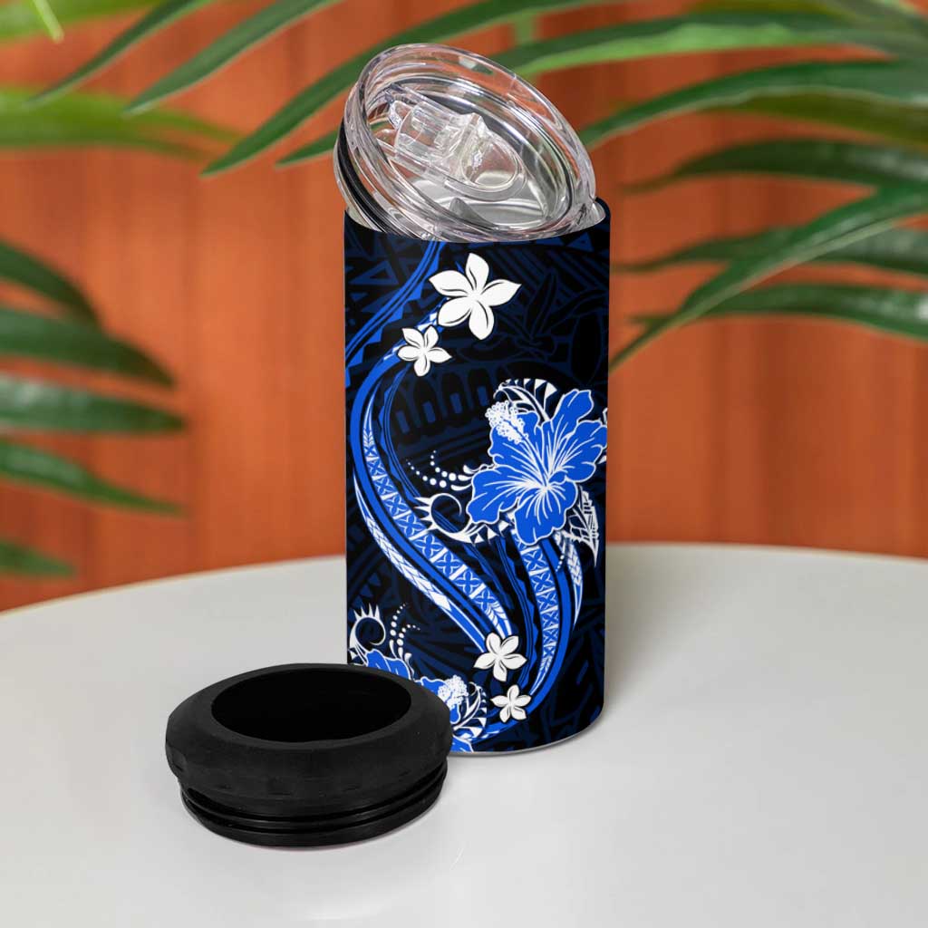 Blue Polynesian Pattern With Tropical Flowers 4 in 1 Can Cooler Tumbler LT05 - Polynesian Pride